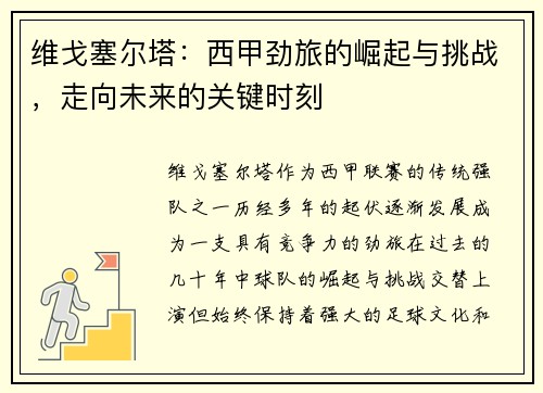 维戈塞尔塔：西甲劲旅的崛起与挑战，走向未来的关键时刻